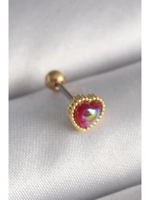 316L Çelik Gold Renk Kırmızı Mineli Kalp Tragus Piercing