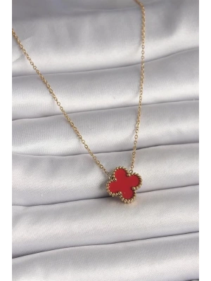 316L Çelik Gold Renk Kırmızı Yonca Model Kadın Kolye