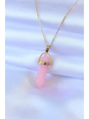 316L Çelik Gold Renk Kristal Pembe Taş Model Kadın kolye