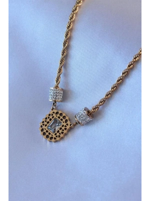 316L Çelik Gold Renk Lotus Model Zirkon Taşlı Burgu Zincir Kadın Kolye