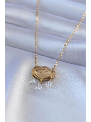 316L Çelik Gold Renk Lotus Model Zirkon Taşlı Kadın Kolye