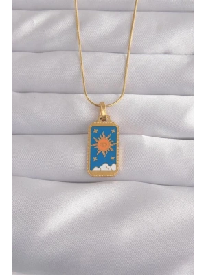 316L Çelik Gold Renk Mavi Mineli Güneş Model Tarot Kolye
