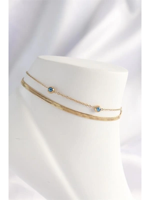 316L Çelik Gold Renk Nazar Boncuk Tasarımlı 2li Halhal