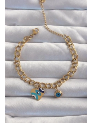 316L Çelik Gold Renk Nazarlı Kalp Model Zincir Bileklik