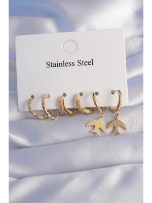 316L Çelik Gold Renk Oval Tasarım Kuş Model Küpe Seti