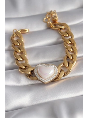 316L Çelik Gold Renk Pembe 3D Kalp Model Zirkon Taşlı Kadın Bileklik
