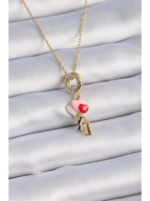 316L Çelik Gold Renk Renkli Kalp Figür Charm Model Kadın Kolye