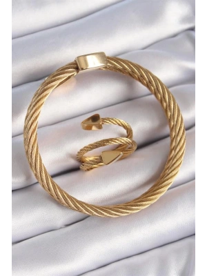 316L Çelik Gold Renk Sarmal Model Erkek Bileklik Yüzük Kombini