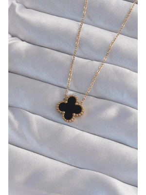 316L Çelik Gold Renk Siyah Mineli Yonca Kolye