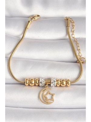 316L Çelik Gold Renk Tüp Zincir Zirkon Taş Detaylı Sallantı Ay Yıldız Figür Kadın Bileklik