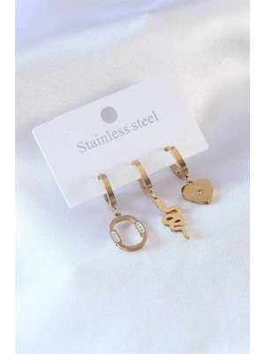 316L Çelik Gold Renk Yılan Model Kalp Detay Zirkon Taşlı Kadın Küpe