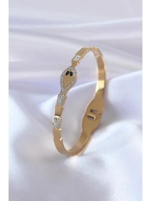 316L Çelik Gold Renk Yılan Model Zirkon Taş Detay Kadın Kelepçe
