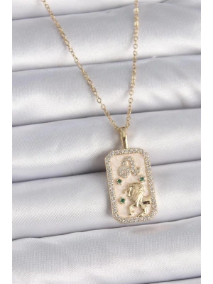 316L Çelik Gold Renk Zincir Aslan Burcu Zirkon Taşlı Kadın Kolye