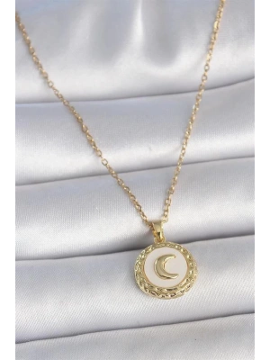 316L Çelik Gold Renk Zincir Beyaz Mineli Hilal İşlemeli Madalyon Model Kadın Kolye