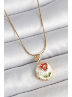 316L Çelik Gold Renk Zincir Beyaz Minimal Çiçek İşlemeli İnci Detay Portre Model Kadın Kolye