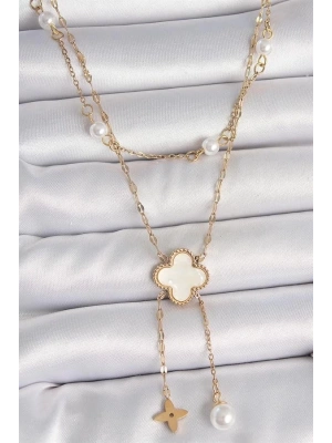 316L Çelik Gold Renk Zincir Beyaz Yonca Figür Sallantı Çiçek İnci Detay Kadın Kolye