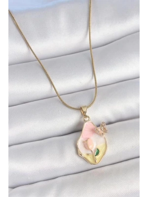 316L Çelik Gold Renk Zincir Damla Mix Renk Çiçek İşlemeli Kelebek Detay Portre Model Kadın Kolye