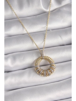 316L Çelik Gold Renk Zincir Gümüş Zirkon Taşlı Daire Model Kadın Kolye