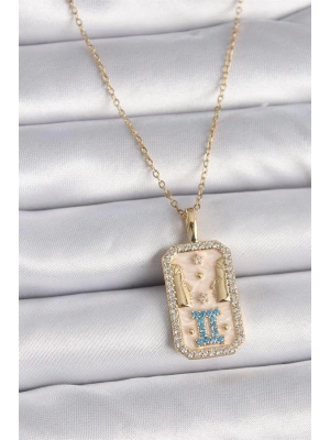 316L Çelik Gold Renk Zincir İkizler Burcu Zirkon Taşlı Kadın Kolye