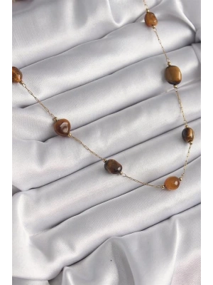 316L Çelik Gold Renk Zincir Kahvrengi Doğaltaş Model Kadın Kolye