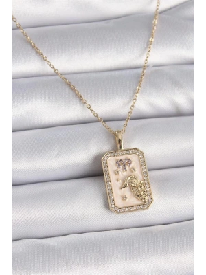 316L Çelik Gold Renk Zincir Koç Burcu Zirkon Taşlı Kadın Kolye