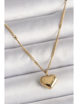 316L Çelik Gold Renk Zincir Love İşlemeli Kalp Figür Kadın Kolye