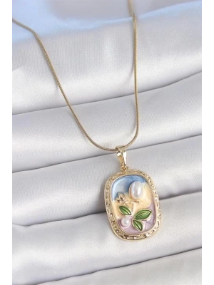 316L Çelik Gold Renk Zincir Mix Renk Mineli İnci Çiçek İşlemeli Portre Model Kadın Kolye