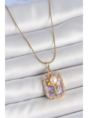 316L Çelik Gold Renk Zincir Mor Mineli İncili Papatya İşlemeli Portre Model Kadın Kolye