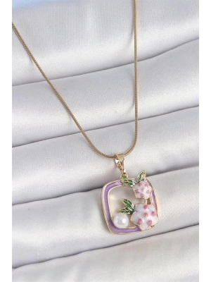 316L Çelik Gold Renk Zincir Mor Mineli Kare Model Çiçek İşlemeli İnci Detay Kadın Kolye