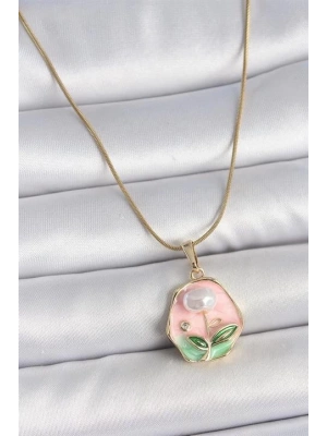 316L Çelik Gold Renk Zincir Pembe Çiçek İşlemeli İnci Detay Portre Model Kadın Kolye