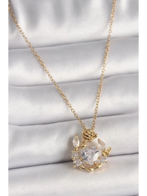 316L Çelik Gold Renk Zincir Zirkon Taşlı Kalp Model Gül Detay Kadın Kolye