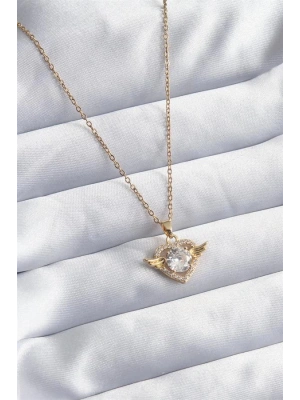 316L Çelik Gold Renk Zincir Zirkon Taşlı Kalp Model Kadın Kolye