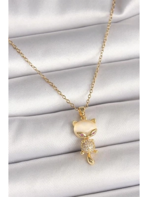 316L Çelik Gold Renk Zincir Zirkon Taşlı Kedi Model Kadın Kolye