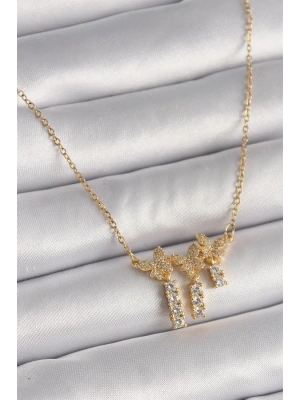 316L Çelik Gold Renk Zincir Zirkon Taşlı Kelebek Model Sallantı Detay Kadın Kolye