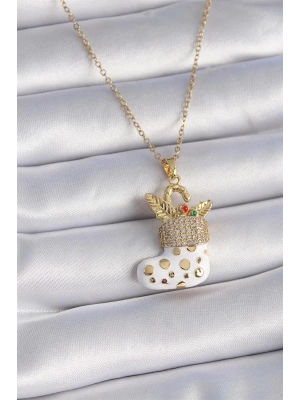 316L Çelik Gold Renk Zincir Zirkon Taşlı Yılbaşı Temalı Noel Çorabı Figür Kadın Kolye