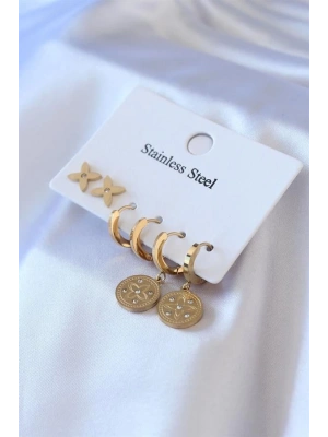 316L Çelik Gold Renk Zirkon Taş Detay Çiçek İşleme Kadın Küpe Seti