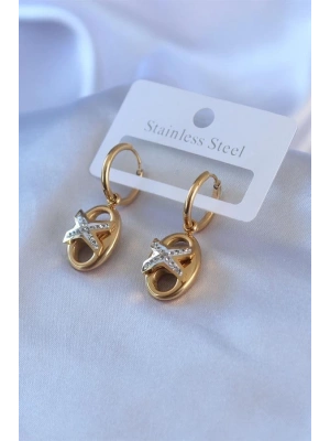 316L Çelik Gold Renk Zirkon Taş Detay Kadın Küpe