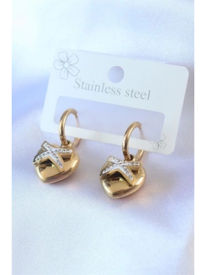 316L Çelik Gold Renk Zirkon Taş Detay Kalp Model Kadın Küpe