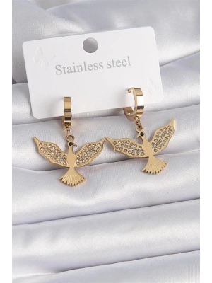 316L Çelik Gold Renk Zirkon Taşlı Anka Kuşu Model Kadın Küpe