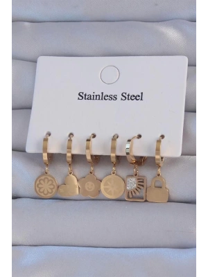 316L Çelik Gold Renk Zirkon Taşlı Çiçek Figürlü Kalp Model Halka Küpe Seti