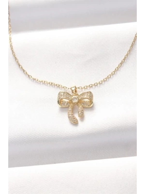 316L Çelik Gold Renk Zirkon Taşlı Fiyonk Kolye