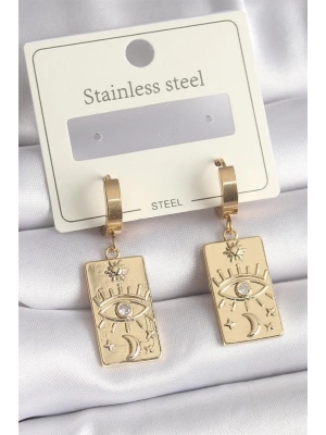 316L Çelik Gold Renk Zirkon Taşlı Göz İşleme Detay Plaka Model Kadın Küpe