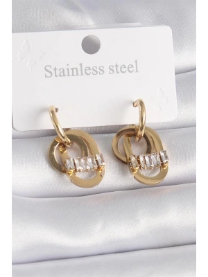 316L Çelik Gold Renk Zirkon Taşlı Halka Model Kadın Küpe