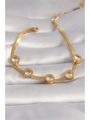 316L Çelik Gold Renk Zirkon Taşlı İtalyan Zincir Model Kadın Bileklik
