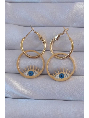 316L Çelik Gold Renk Zirkon Taşlı Mavi Göz Tasarımlı Halka Küpe