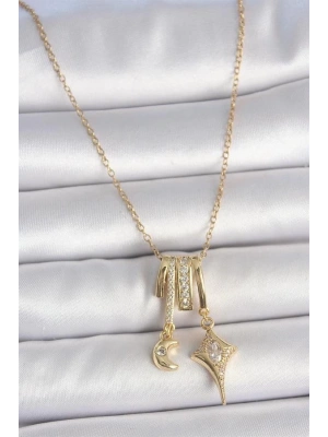 316L Çelik Gold Renk Zirkon Taşlı Sallantı Ay Yıldız Figür Charm Kadın Kolye