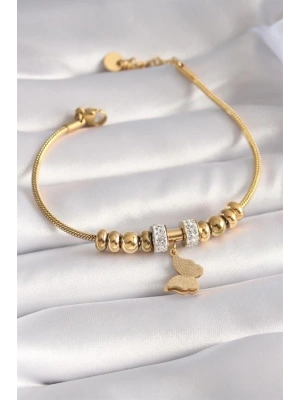 316L Çelik Gold Renk Zirkon Taşlı Simli Kelebek Figür Kadın Bileklik