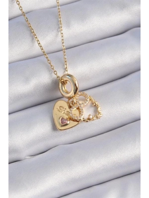 316L Çelik Gold Renk Zirkon Taşlı Sonsuzluk Kalp Figür Charm Model Kadın Kolye