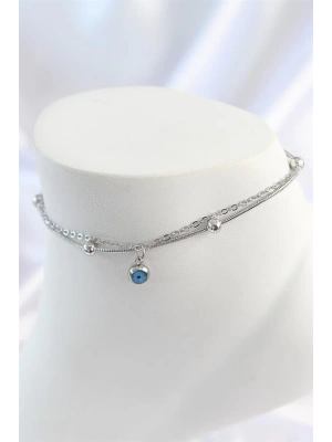 316L Çelik Gümüş Renk 2Li Zincir Model Nazar Boncuk Figür Kadın Halhal