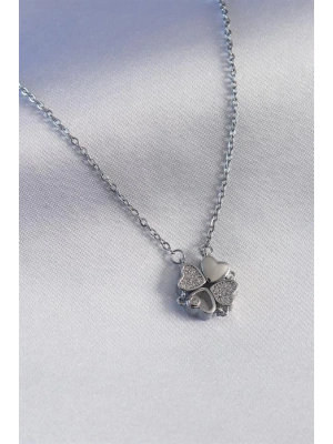 316L Çelik Gümüş Renk Açılır Zirkon Taşlı Yonca Model Kadın Kolye